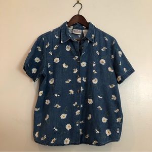 Vintage Bill Blass Jeans Denim Daisy short sleeve Top size Large